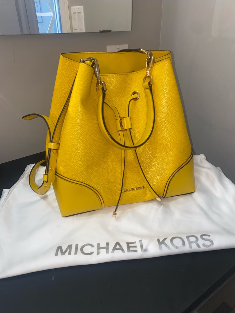 Michael Kors Yellow Pebbled Leather Drawstring Bucket Tote with Gold Hardware